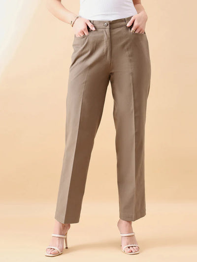 Slate Brown Stretch Straight Fit Trousers for Women – Mid Waist, Comfort Fit Everyday Pants