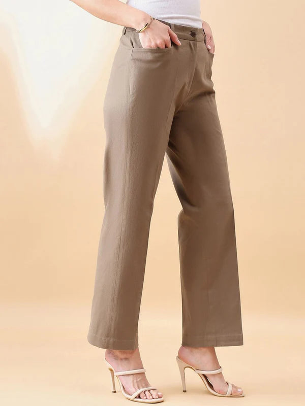 Slate Brown Stretch Straight Fit Trousers for Women – Mid Waist, Comfort Fit Everyday Pants