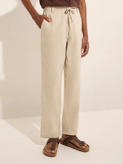 Men’s Beige Cotton Blend Chinos – Relaxed Fit Mid-Rise Casual Trousers