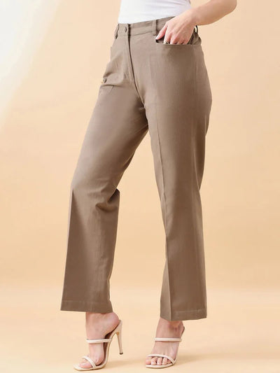 Slate Brown Stretch Straight Fit Trousers for Women – Mid Waist, Comfort Fit Everyday Pants
