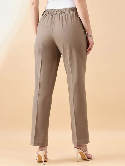 Slate Brown Stretch Straight Fit Trousers for Women – Mid Waist, Comfort Fit Everyday Pants