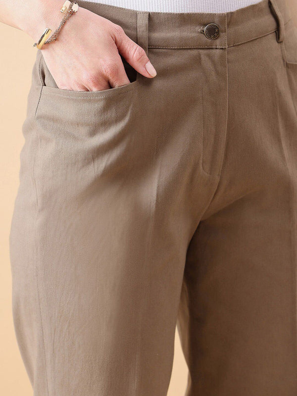 Slate Brown Stretch Straight Fit Trousers for Women – Mid Waist, Comfort Fit Everyday Pants