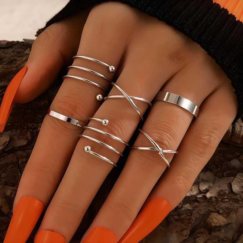 Silver Geometric Cross Twist Open Ring Set (6 Pcs)