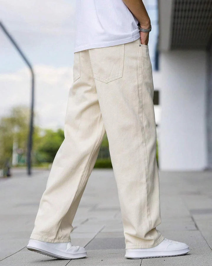 Men’s Beige Relaxed Fit Trousers – Mid-Rise Cotton Blend Casual Pants
