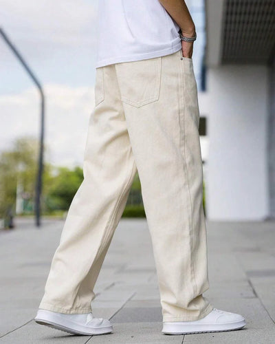Men’s Beige Relaxed Fit Trousers – Mid-Rise Cotton Blend Casual Pants