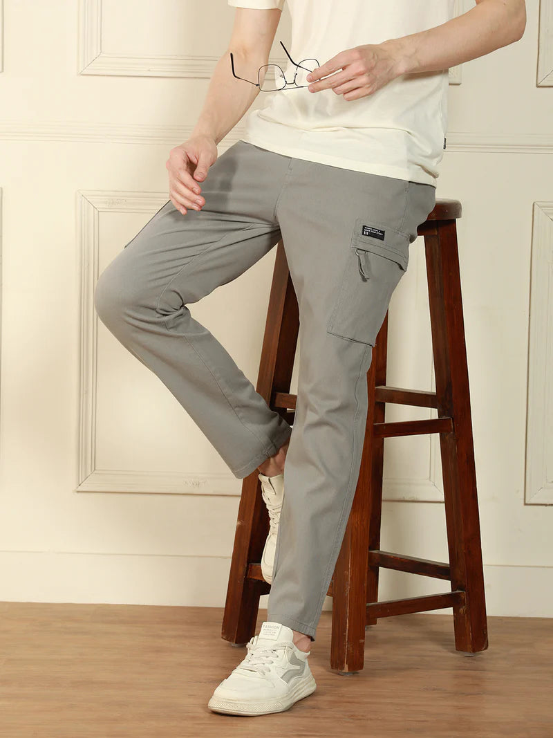 Men’s Mid Grey Cotton Lycra Stretchable Trousers – Relaxed Fit Solid Casual Pants