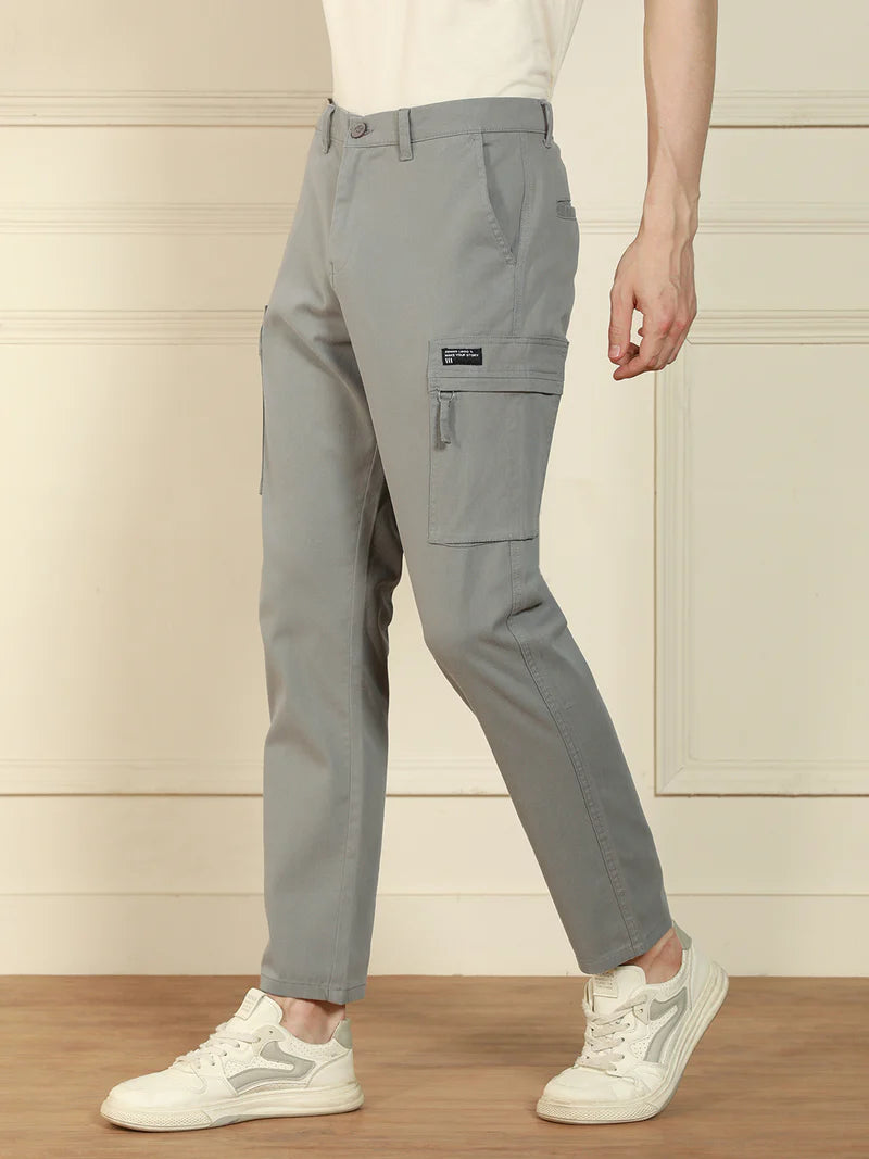 Men’s Mid Grey Cotton Lycra Stretchable Trousers – Relaxed Fit Solid Casual Pants
