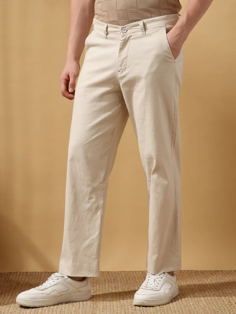Men’s Solid Cotton Slub Relaxed Fit Casual Trousers – Lightweight Everyday Pants
