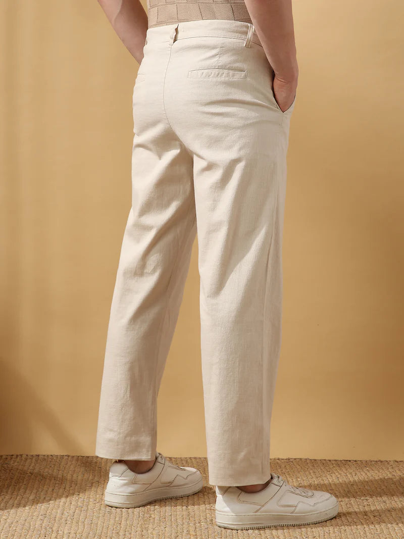 Men’s Solid Cotton Slub Relaxed Fit Casual Trousers – Lightweight Everyday Pants