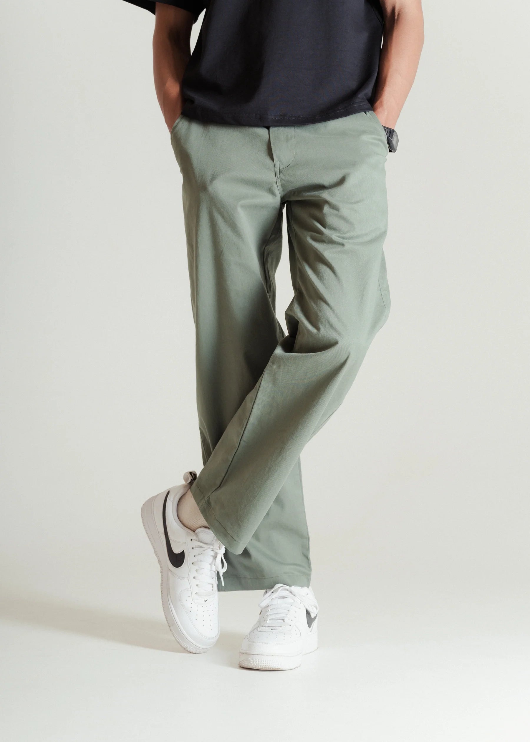 Men’s Muted Green Relaxed Fit Chinos – Classic Cotton Blend Casual Trousers