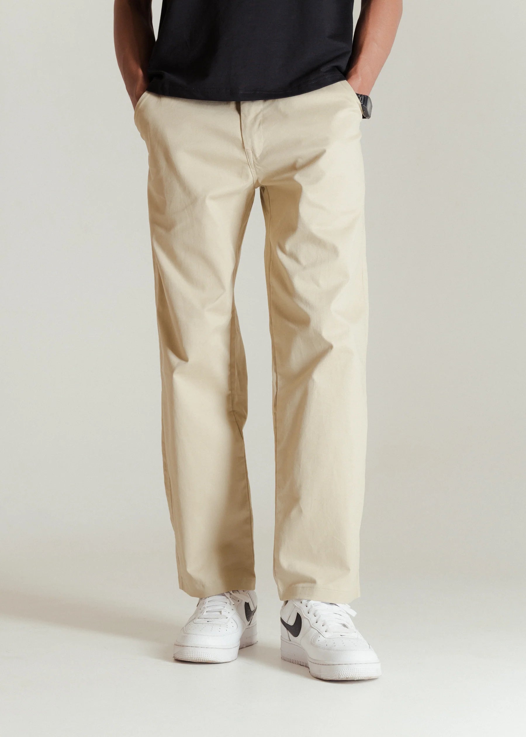 Men’s Classic Beige Relaxed Fit Chinos – Cotton Blend Casual Trousers