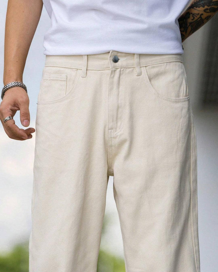 Men’s Beige Relaxed Fit Trousers – Mid-Rise Cotton Blend Casual Pants