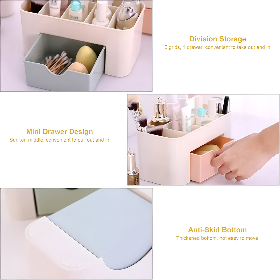 Beauty Organizer with 6 Slots & Mini Drawer for Makeup Tools