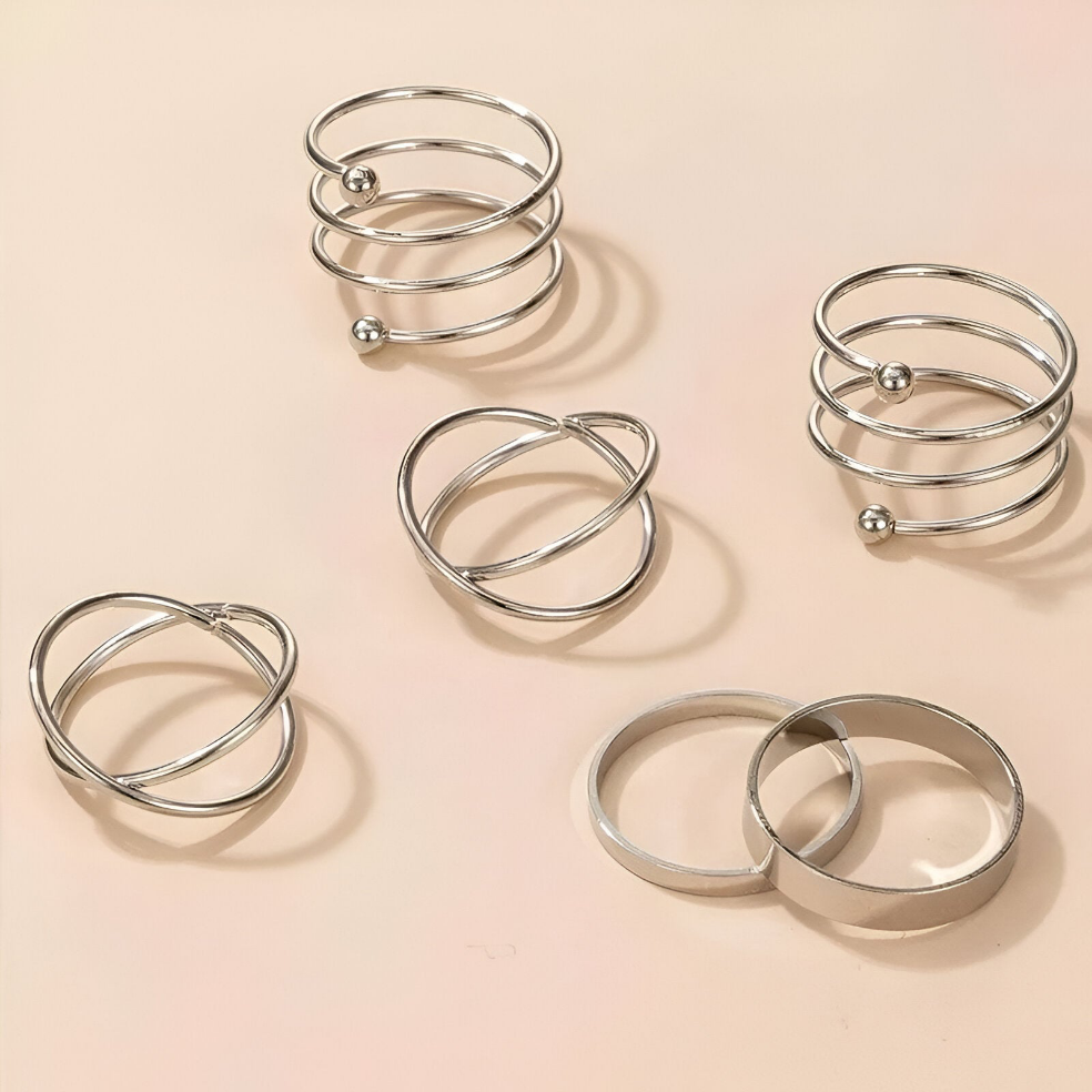Silver Geometric Cross Twist Open Ring Set (6 Pcs)