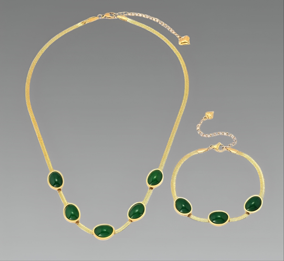 Oval Green Crystal Pendant Necklace Set With Bracelet