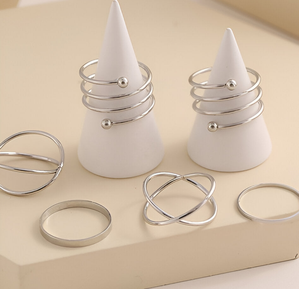 Silver Geometric Cross Twist Open Ring Set (6 Pcs)