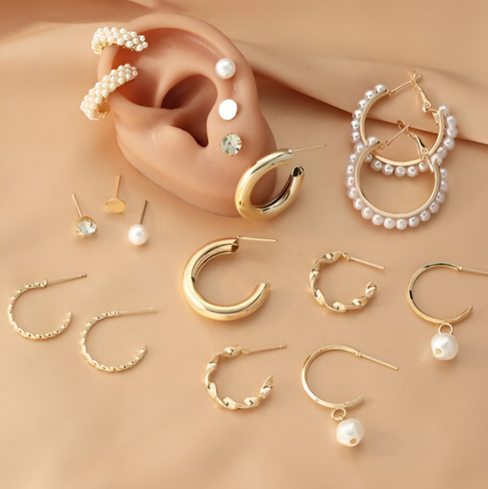 Combo Of 9 Stunning Gold Plated Pearl Studs and Hoop Earrings