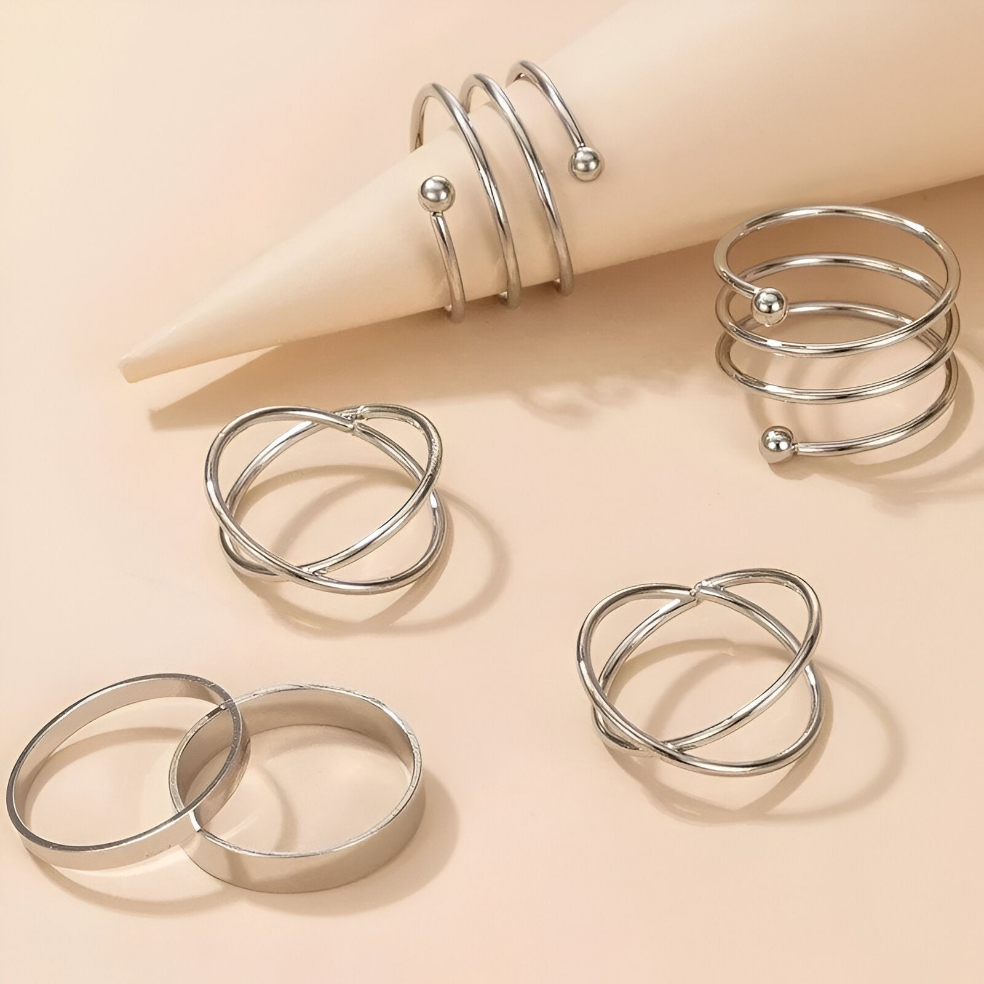 Silver Geometric Cross Twist Open Ring Set (6 Pcs)