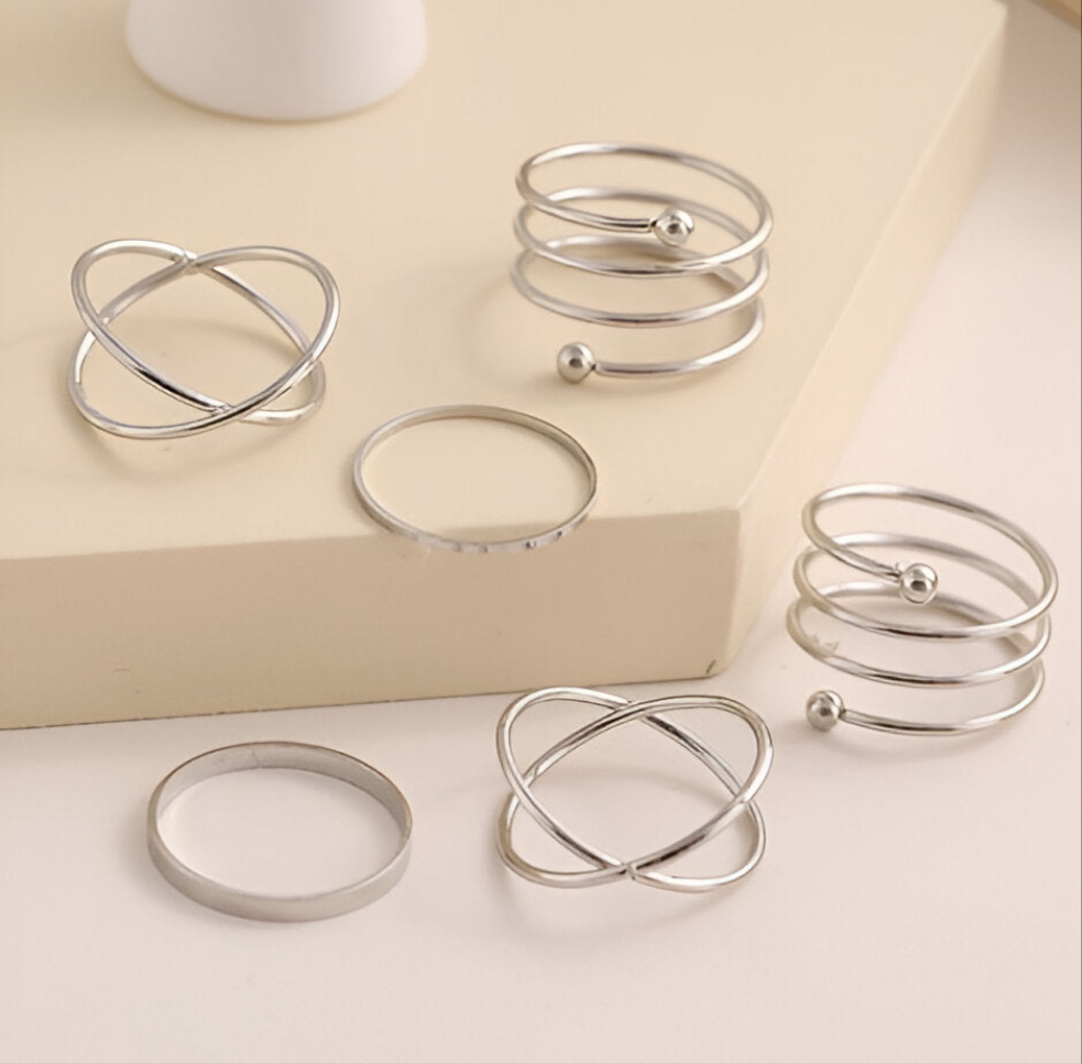 Silver Geometric Cross Twist Open Ring Set (6 Pcs)