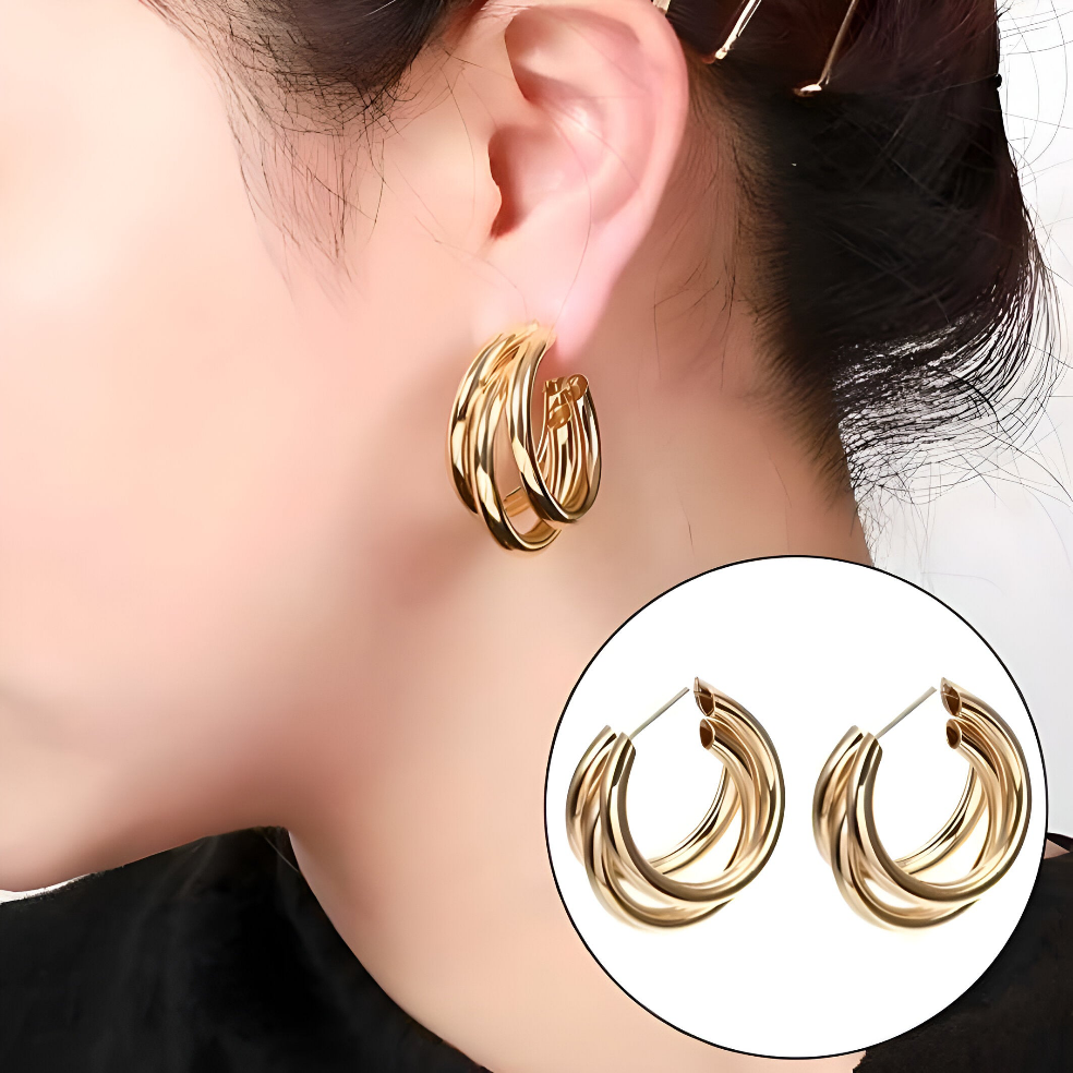Tri-Hoop Gold Plated Earrings