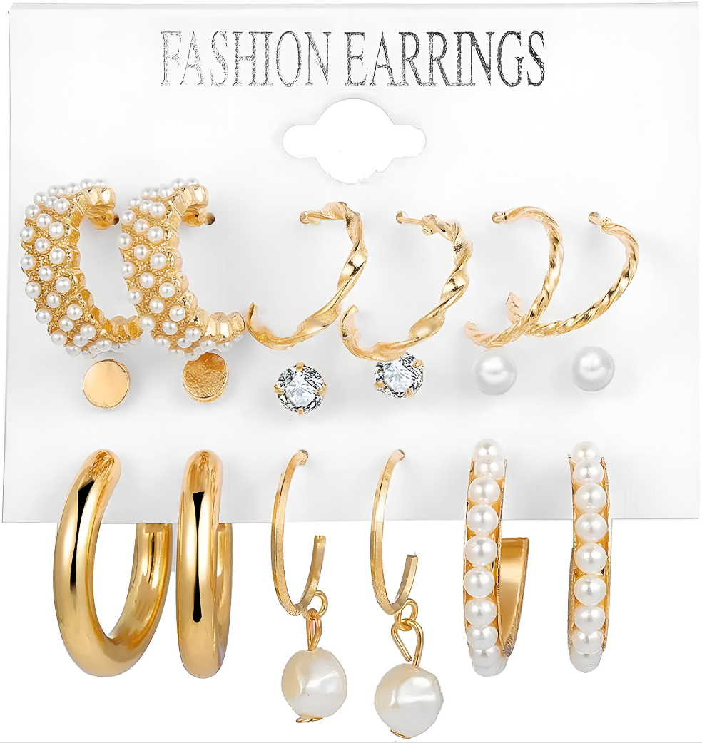 Combo Of 9 Stunning Gold Plated Pearl Studs and Hoop Earrings