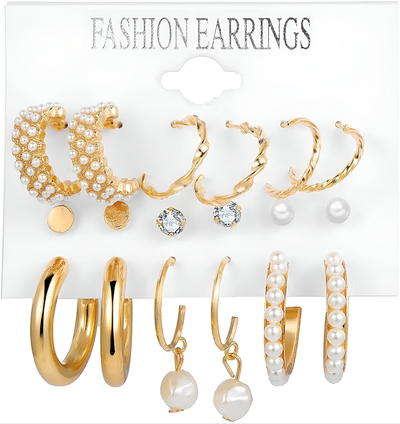 Combo Of 9 Stunning Gold Plated Pearl Studs and Hoop Earrings
