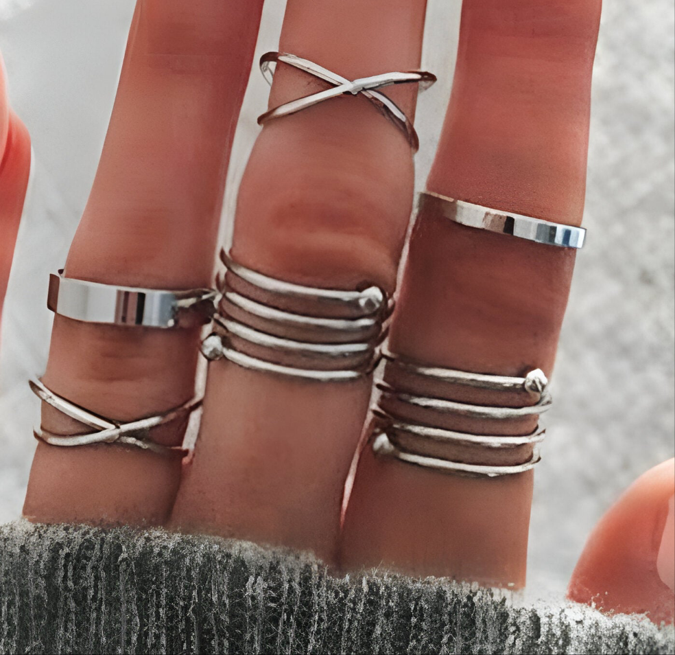 Silver Geometric Cross Twist Open Ring Set (6 Pcs)