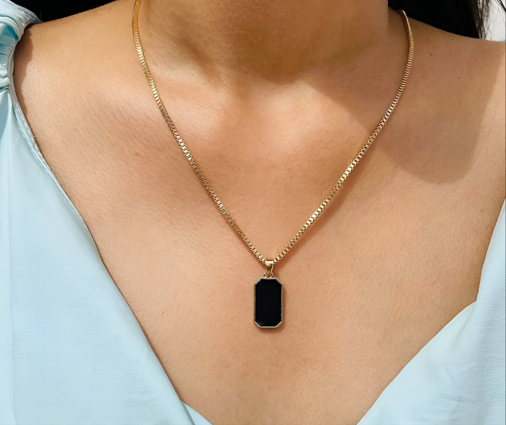 Black Onyx Rectangle Pendant Necklace