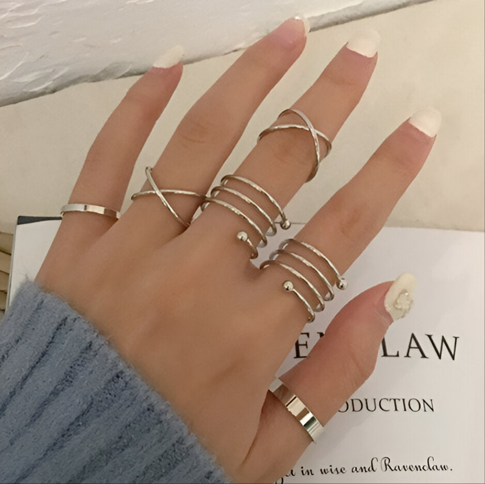 Silver Geometric Cross Twist Open Ring Set (6 Pcs)