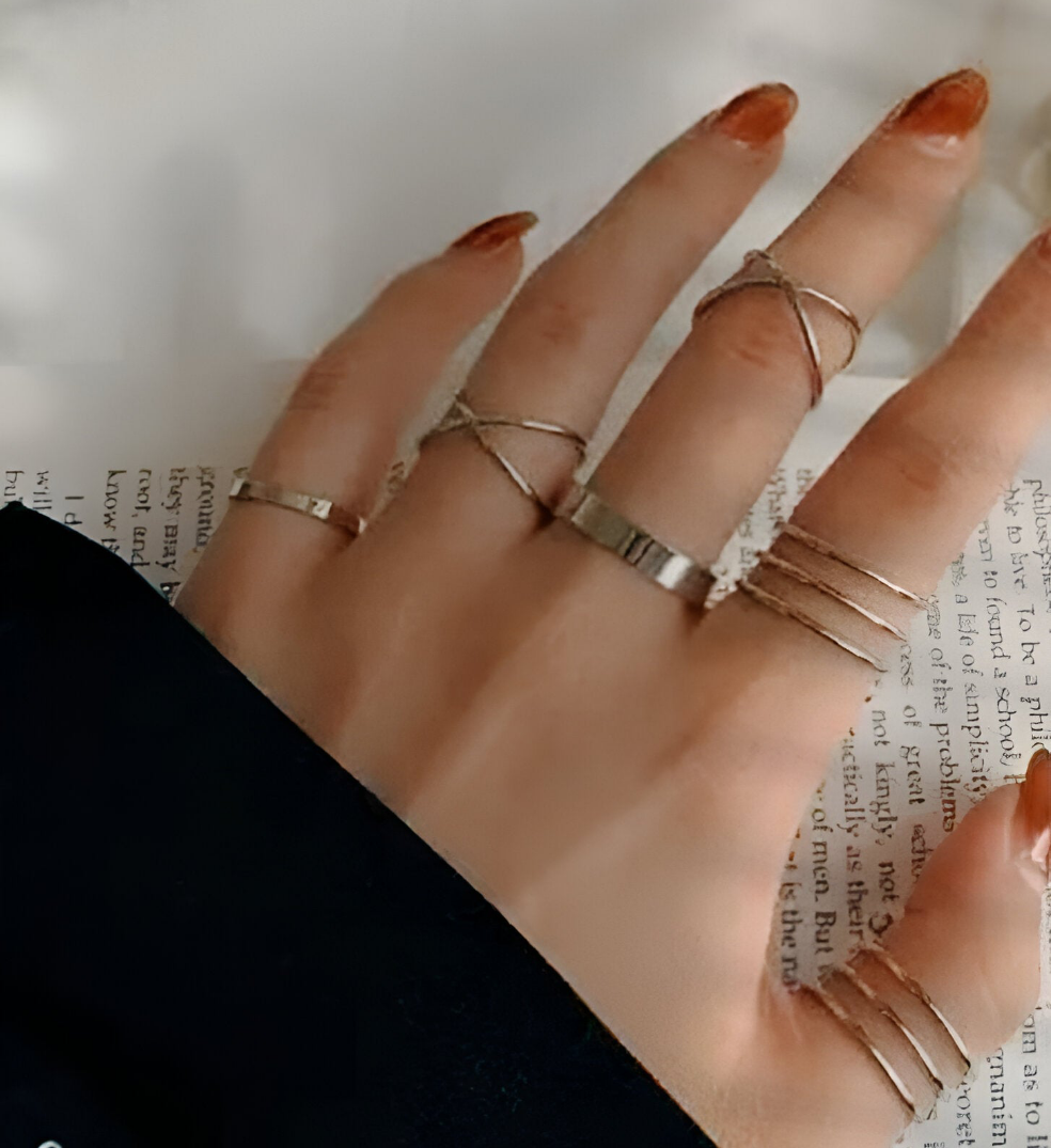 Silver Geometric Cross Twist Open Ring Set (6 Pcs)