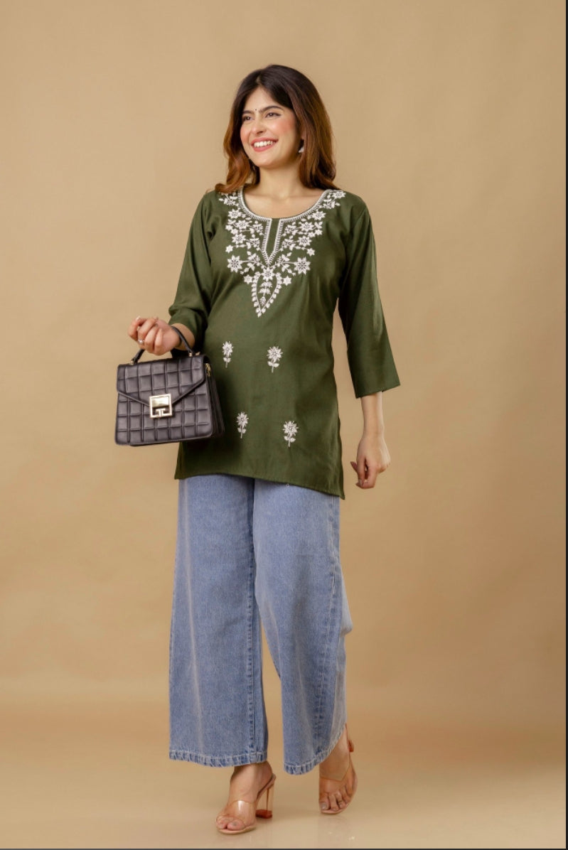 GulAura Hand Embroidered  Chikankari Cotton Rayon Short  Kurti for Women