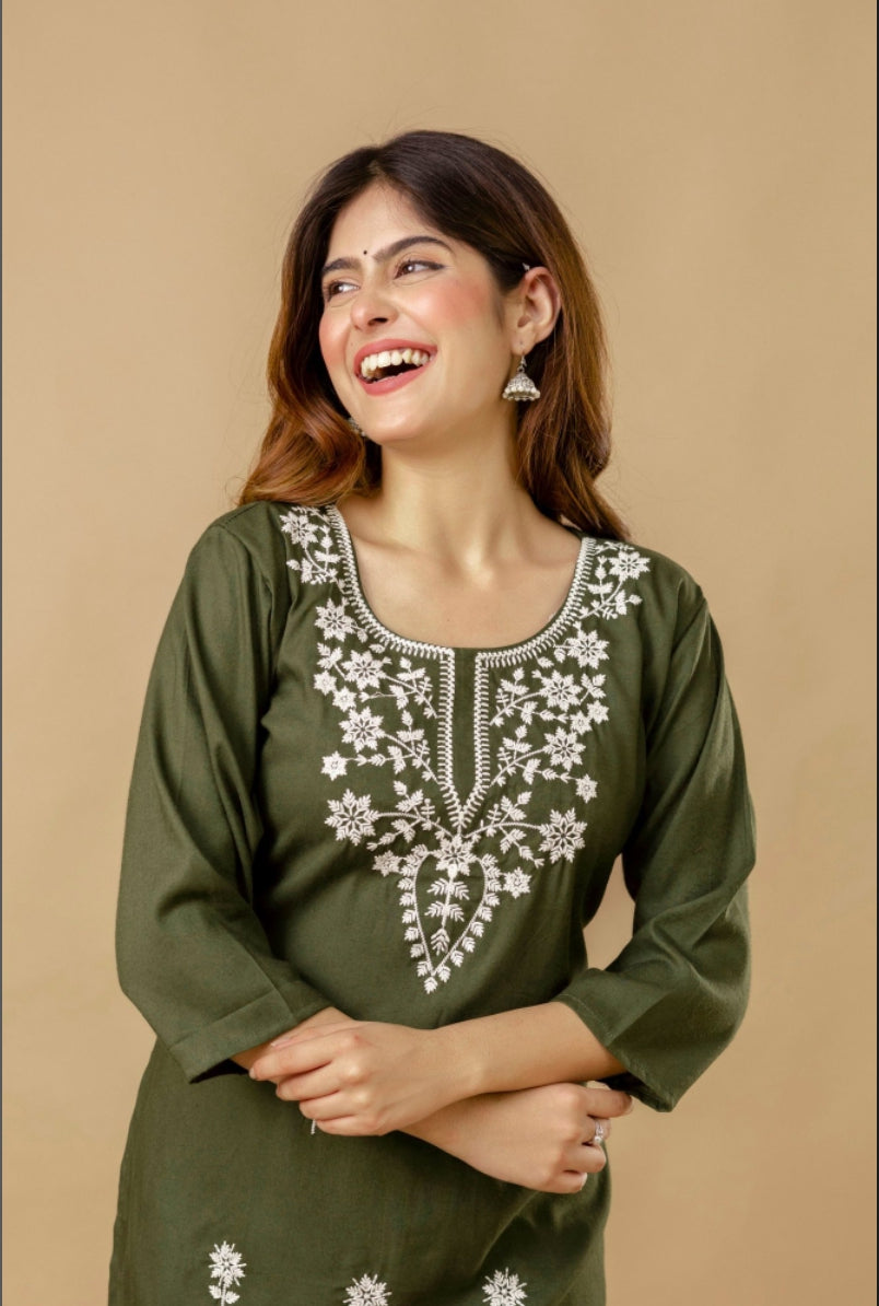 GulAura Hand Embroidered  Chikankari Cotton Rayon Short  Kurti for Women