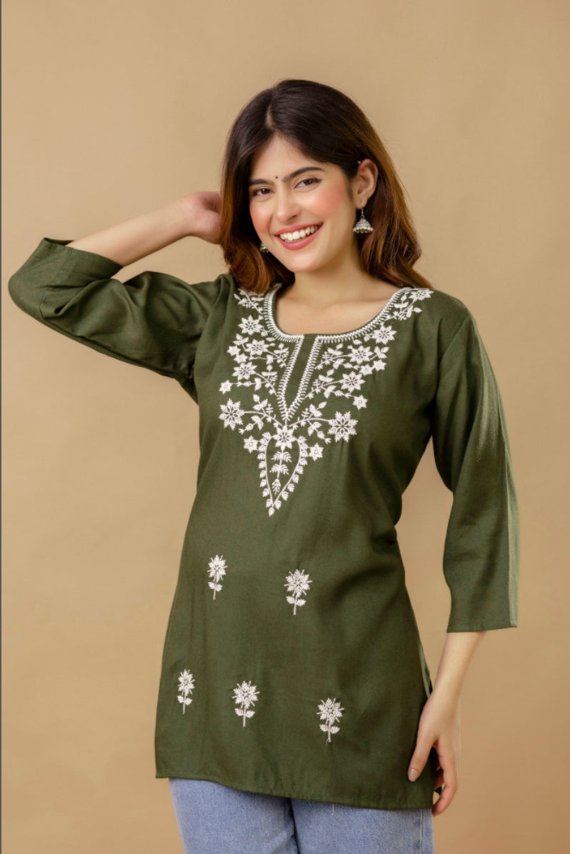 GulAura Hand Embroidered  Chikankari Cotton Rayon Short  Kurti for Women