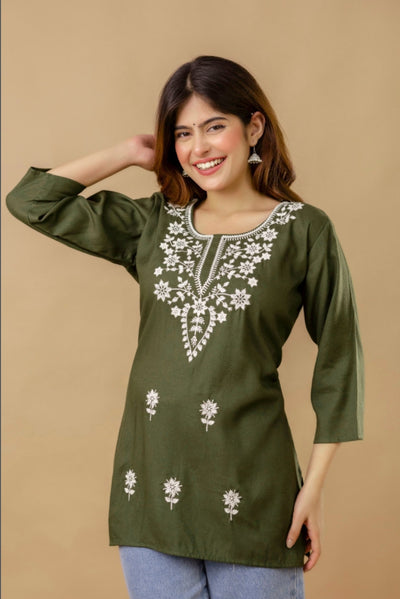 GulAura Hand Embroidered  Chikankari Cotton Rayon Short  Kurti for Women
