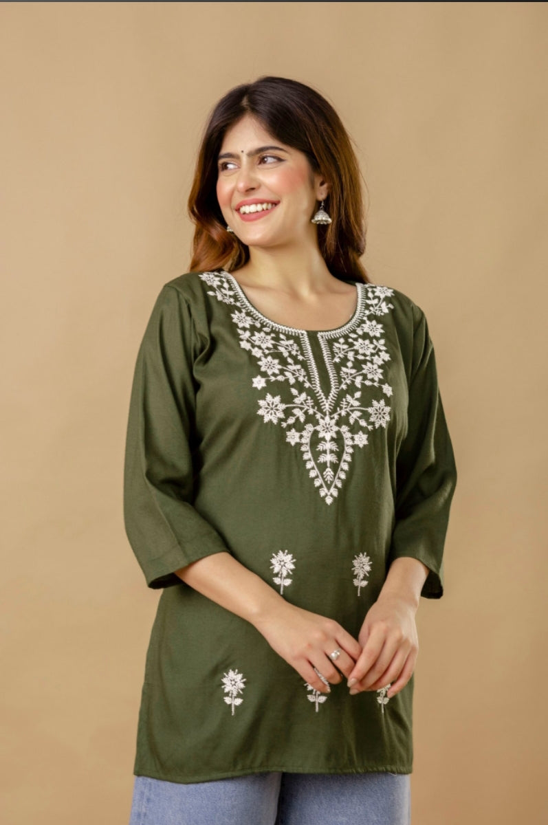 GulAura Hand Embroidered  Chikankari Cotton Rayon Short  Kurti for Women