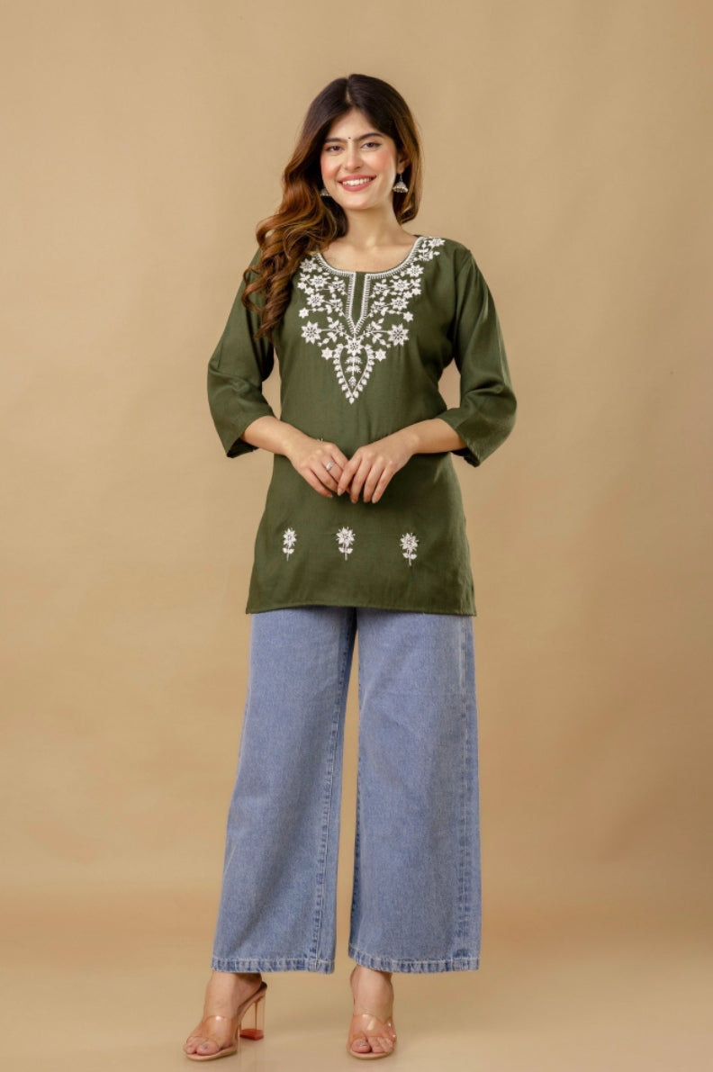 GulAura Hand Embroidered  Chikankari Cotton Rayon Short  Kurti for Women