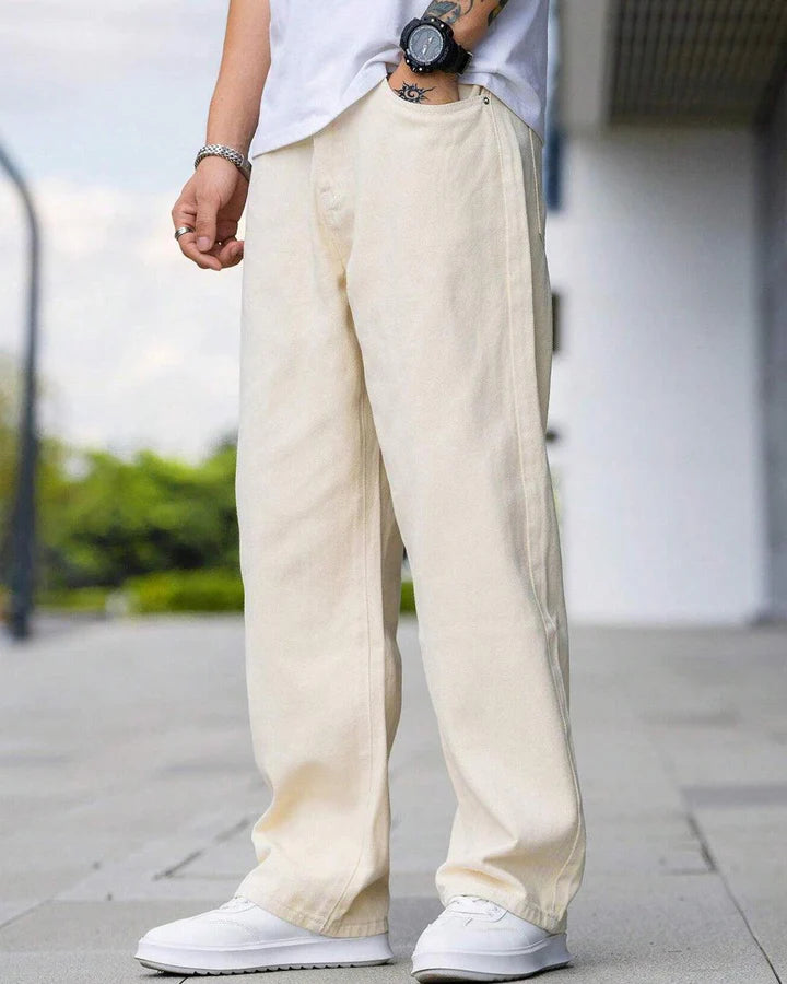 Men’s Beige Relaxed Fit Trousers – Mid-Rise Cotton Blend Casual Pants