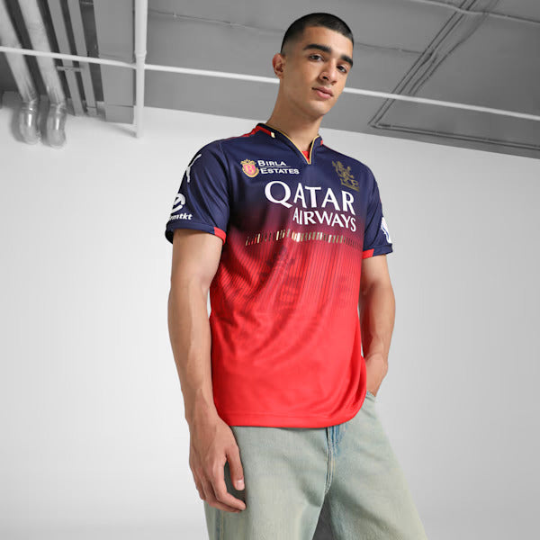 RCB 2025 Men's Official Match Jersey | Regular Fit V-Neck Cricket T-Shirt | Half Sleeve Polyester Fan Wear