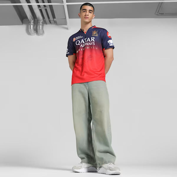 RCB 2025 Men's Official Match Jersey | Regular Fit V-Neck Cricket T-Shirt | Half Sleeve Polyester Fan Wear