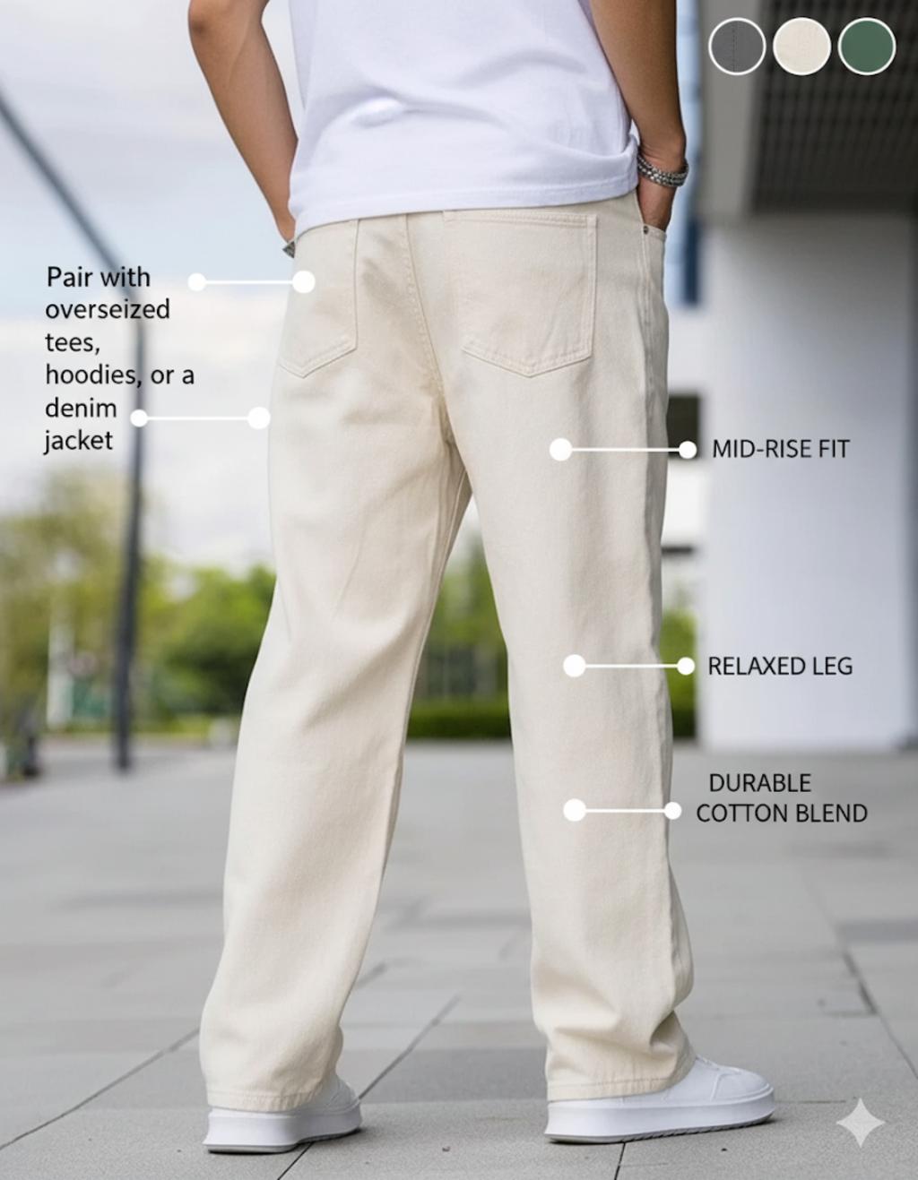 Men’s Beige Relaxed Fit Trousers – Mid-Rise Cotton Blend Casual Pants