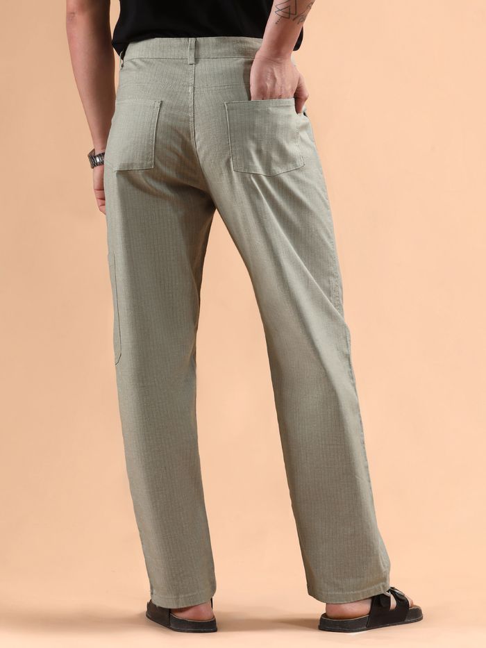 Men’s Pale Grey Striped Cargo Trousers – Patch Pocket Utility Pants for Casual Wear