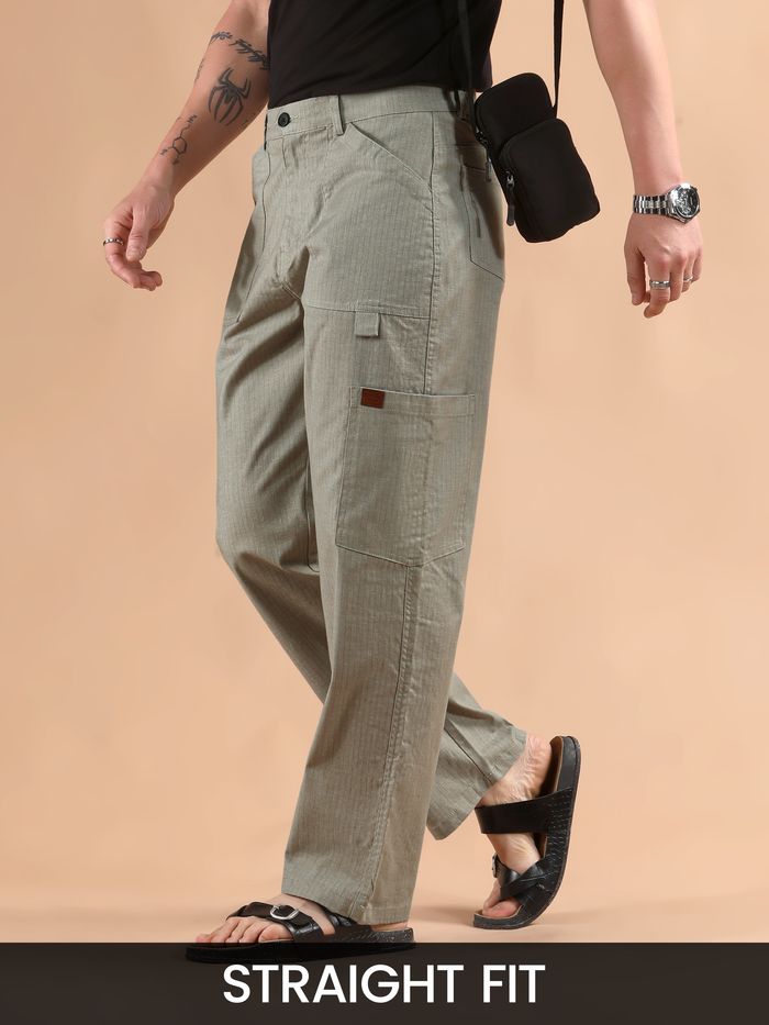 Men’s Pale Grey Striped Cargo Trousers – Patch Pocket Utility Pants for Casual Wear