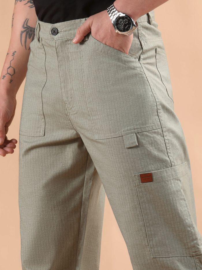 Men’s Pale Grey Striped Cargo Trousers – Patch Pocket Utility Pants for Casual Wear