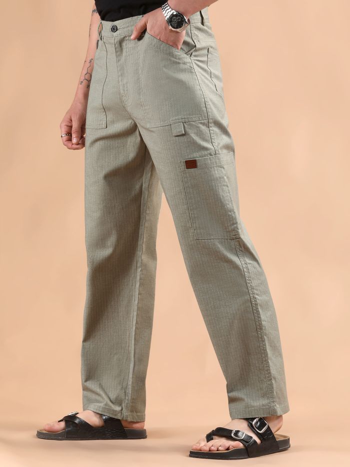 Men’s Pale Grey Striped Cargo Trousers – Patch Pocket Utility Pants for Casual Wear