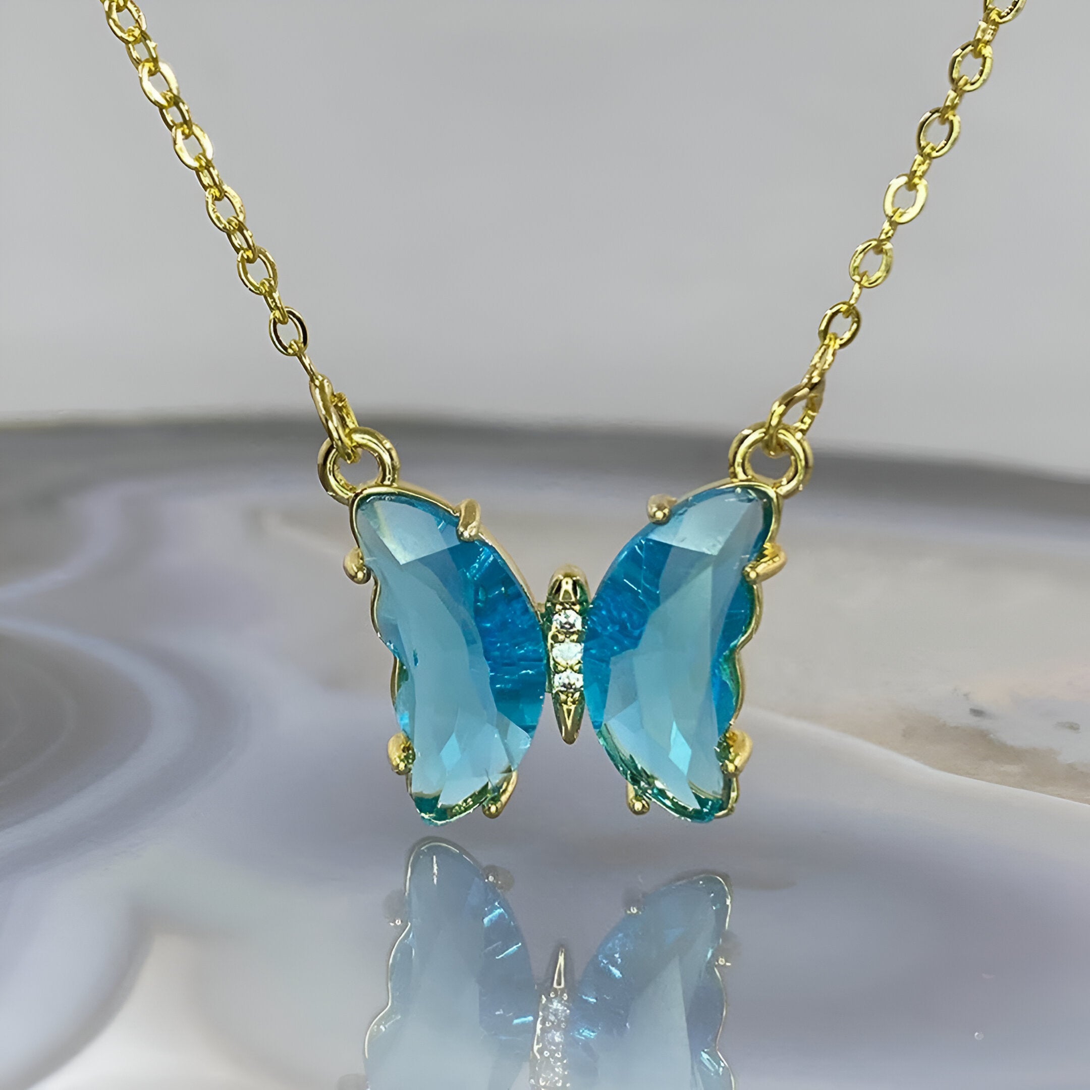ELYS Blue Crystal Butterfly Pendant Necklace