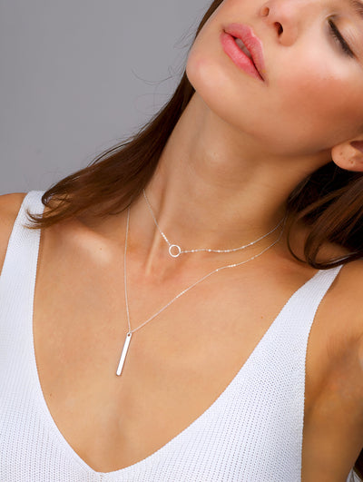 Silver round double Layered Chain Bar Pendant Necklace