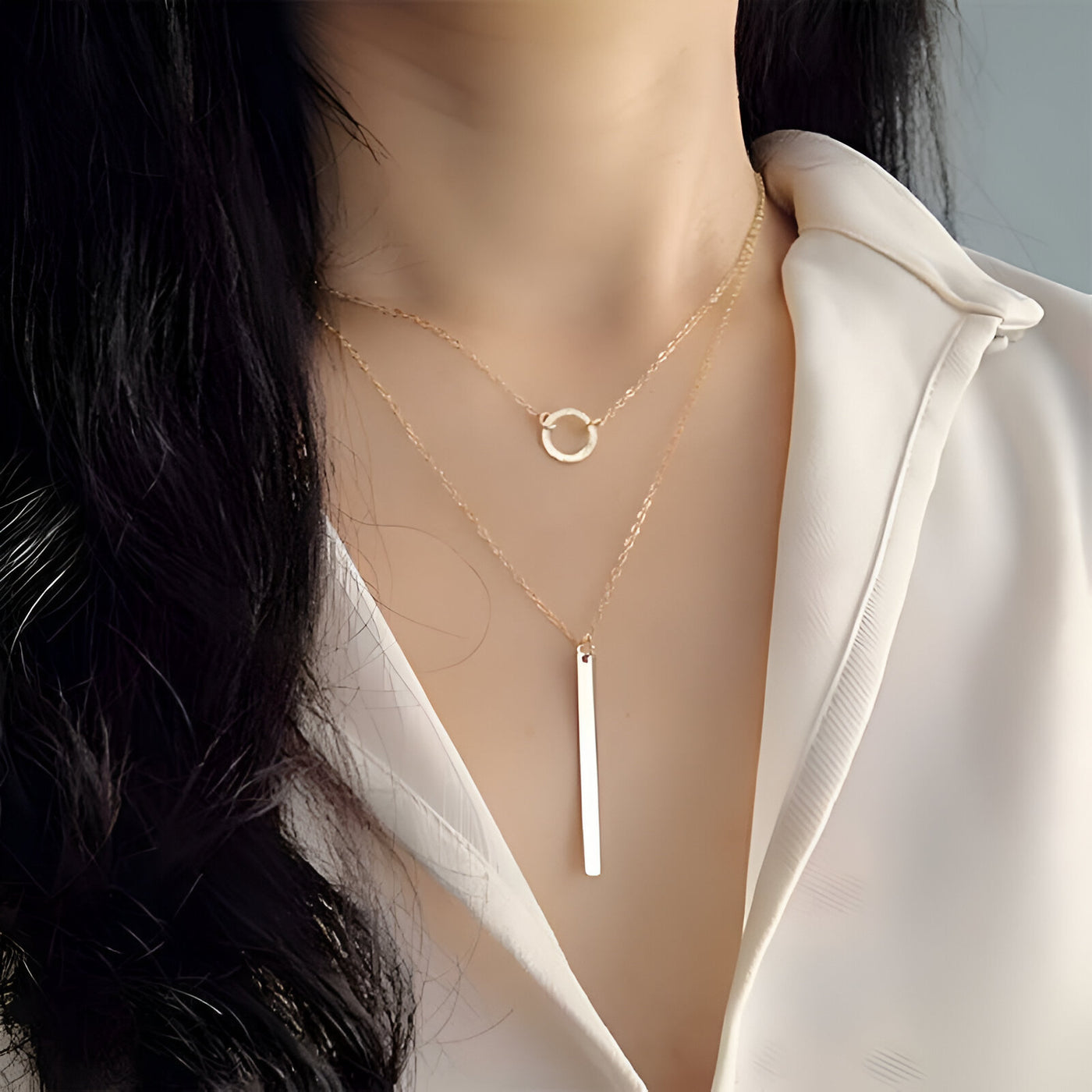 Silver round double Layered Chain Bar Pendant Necklace