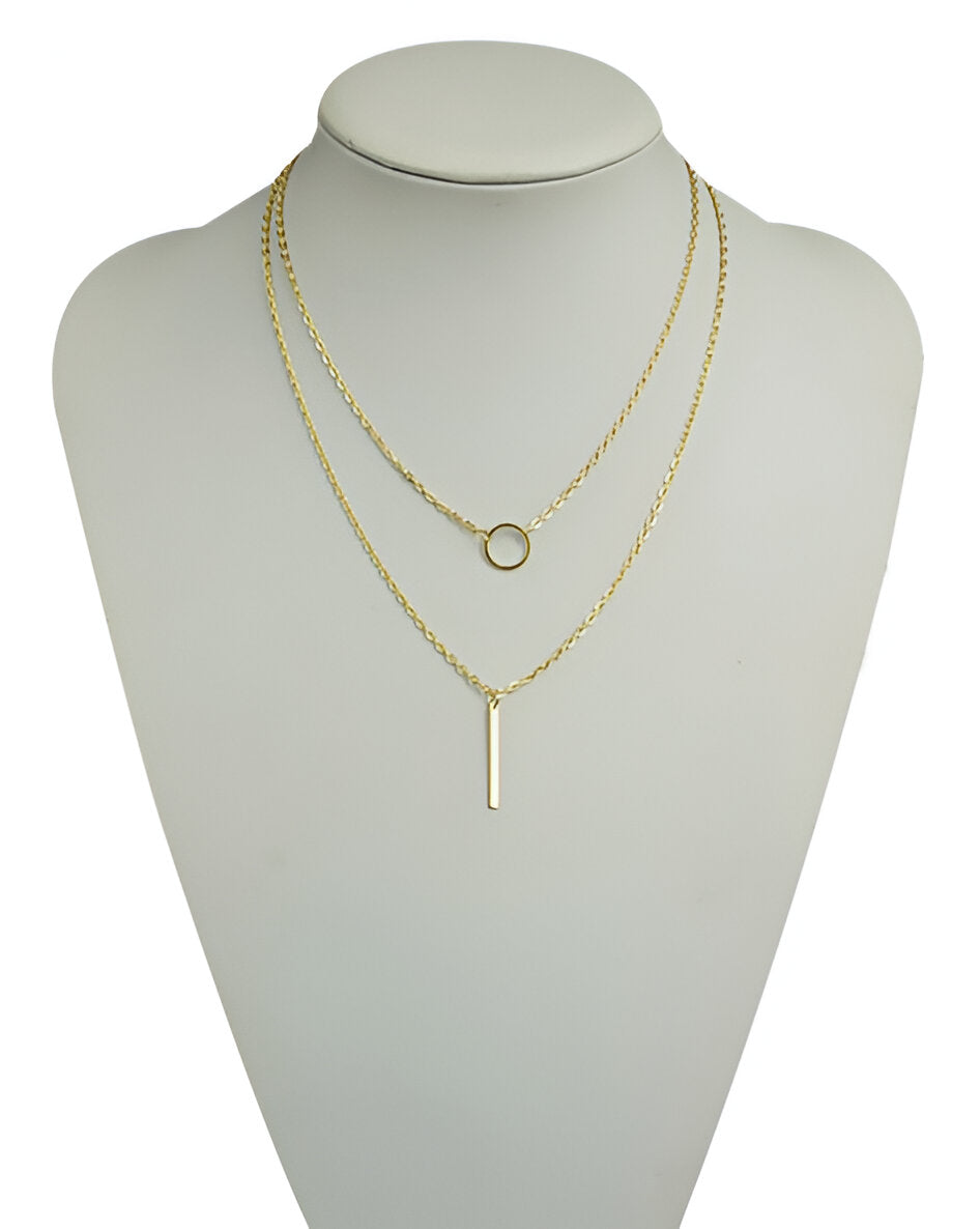 Silver round double Layered Chain Bar Pendant Necklace