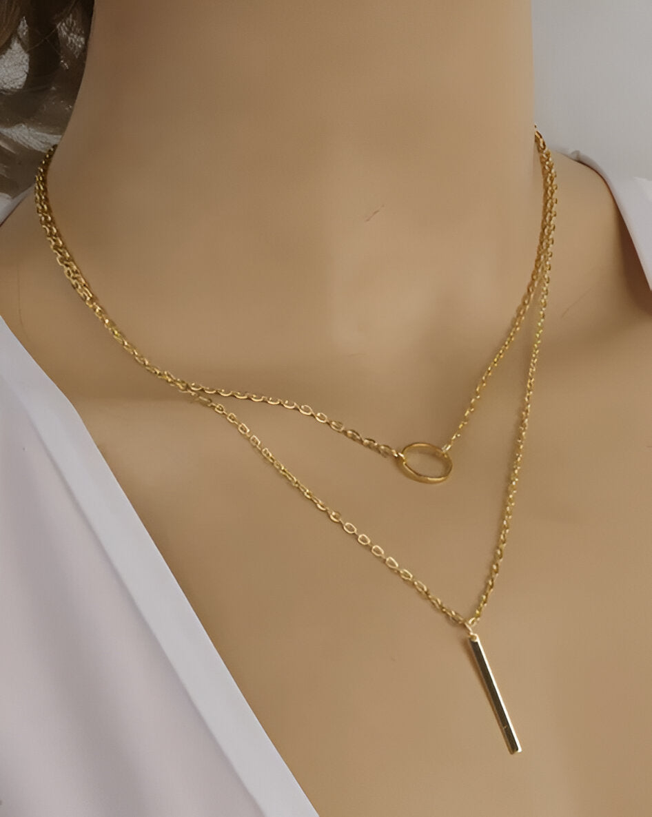 Silver round double Layered Chain Bar Pendant Necklace