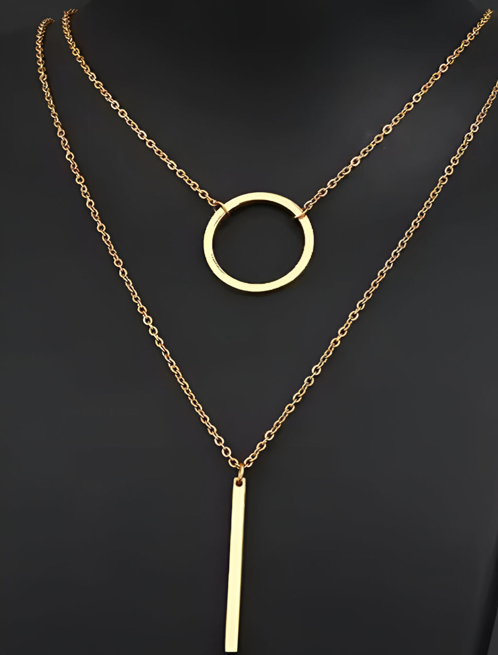 Silver round double Layered Chain Bar Pendant Necklace